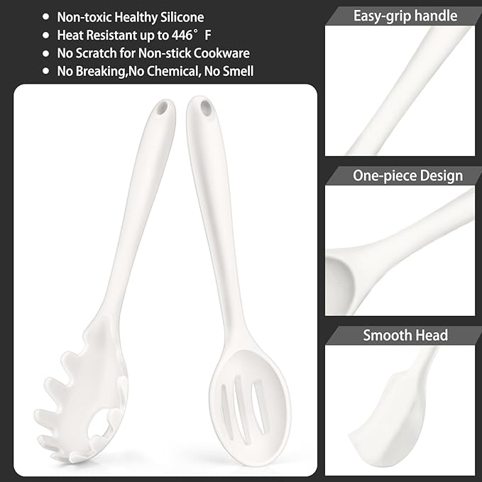 P&P CHEF Silicone Cooking Utensils Set of 7, Heat-proof Kitchen Utensils Set for Nonstick Cookware, Non-stick Spatula, Slotted Turner, Soup Ladle, Pasta Server, Spoon for Cooking Serving - White - Image 3