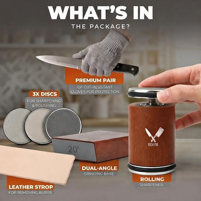 Premium Rolling Knife Sharpener kit, High Carbon 400, 1000, & 3000 Replacement Discs, 15° & 20° Adjustable Angles | Leather Strop, Anticut Gloves | Knife Sharpening kit for Kitchen & Chef's Knives - Image 7