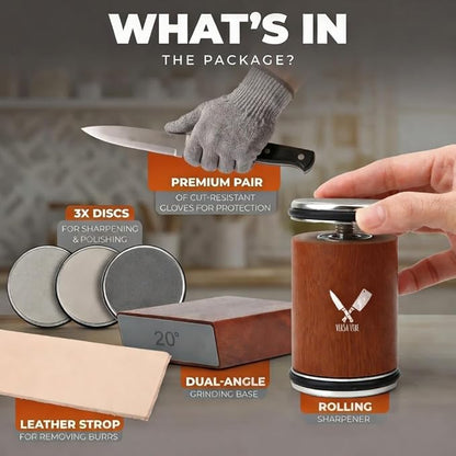 Premium Rolling Knife Sharpener kit, High Carbon 400, 1000, & 3000 Replacement Discs, 15° & 20° Adjustable Angles | Leather Strop, Anticut Gloves | Knife Sharpening kit for Kitchen & Chef's Knives - Image 7