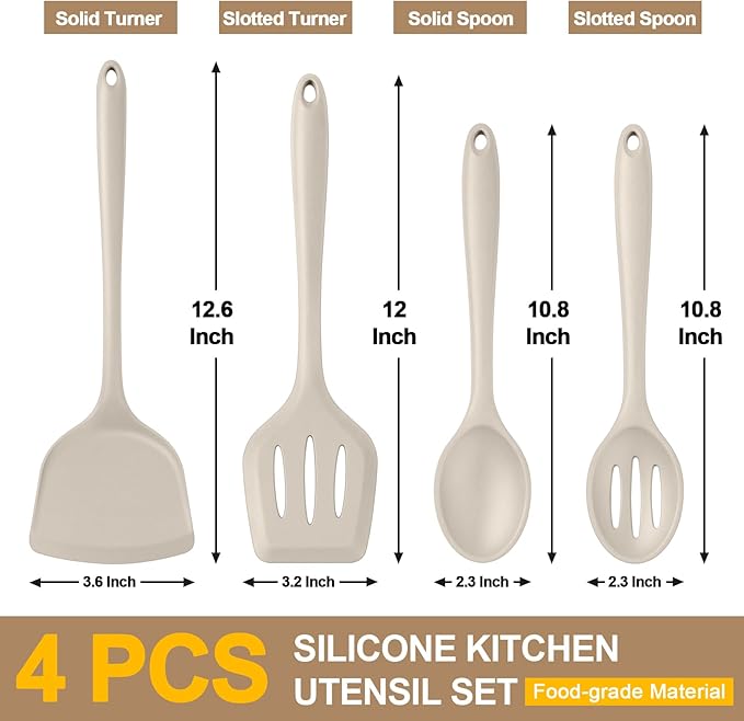 P&P CHEF Kitchen Utensil Set, 4 Pieces Non-stick Silicone Cooking Utensils, Heat-resistant Slotted Solid Spoon Turner for Frying, Mixing, Serving, Non-toxic & Easy to Clean, Khaki - Image 2