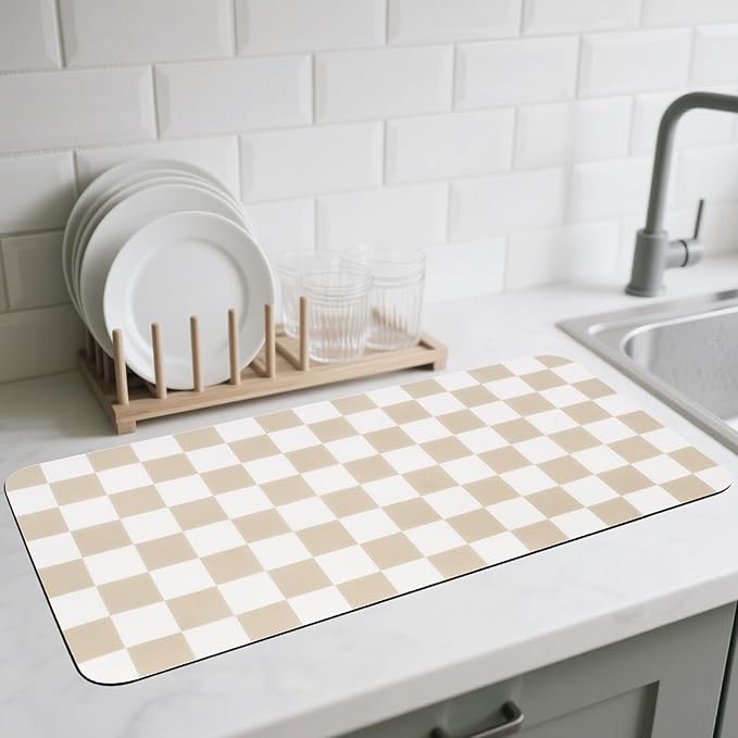 CooRug Checkered Dish Drying Mat for Kitchen Counter, Absorbent Non-Slip Coffee Mat, Heat Resistant Mat for Countertops Coffee Bar Decor 17" x 32" Khaki by CooRug