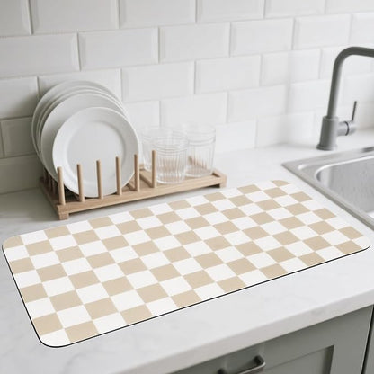 CooRug Checkered Dish Drying Mat for Kitchen Counter, Absorbent Non-Slip Coffee Mat, Heat Resistant Mat for Countertops Coffee Bar Decor 17" x 32" Khaki by CooRug