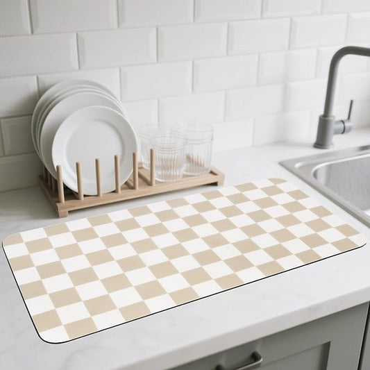 CooRug Checkered Dish Drying Mat for Kitchen Counter, Absorbent Non-Slip Coffee Mat, Heat Resistant Mat for Countertops Coffee Bar Decor 17" x 32" Khaki by CooRug