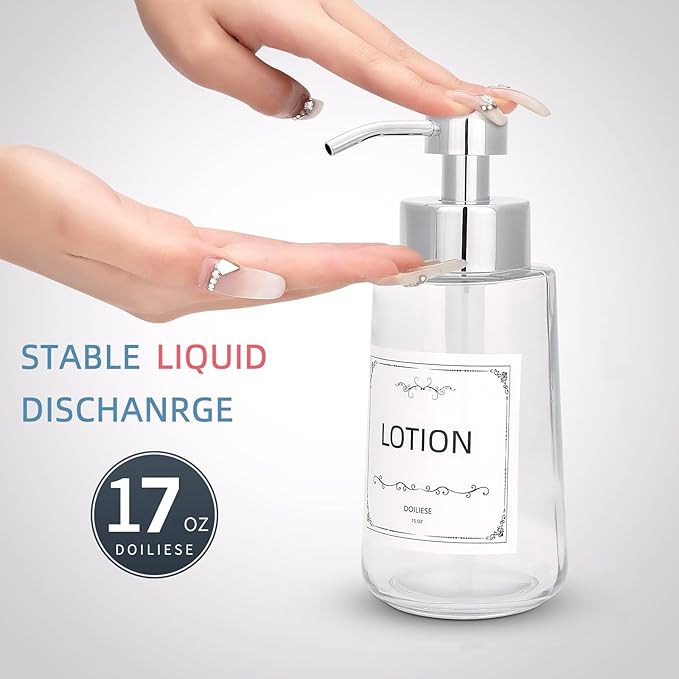 Soap Dispenser, Clear Glass Soap Dispenser with Rust Proof Pump, 16oz Liquid Soap Pump with Waterproof Labels, Dish & Hand Soap for Bathroom, Kitchen, Chrome Pump, Pack of 2 - Image 2