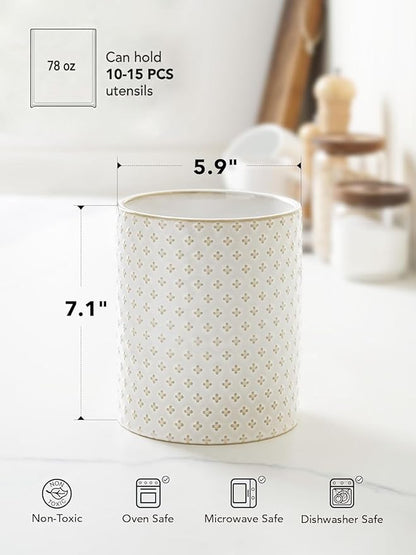 LE TAUCI Utensil Holder for Kitchen Counter - 7.1" Large Ceramic Kitchen Utensil Holder, Embossed Cooking Utensil Crock for Spatula, Spoon - Farmhouse Kitchen Decor & Organizer, White, Clover - Image 6