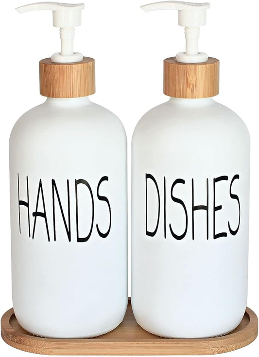 Glass Soap Dispenser Set - Hand Soap and Dish Soap Dispenser with Bamboo Tray. Vintage Soap Dispenser with Pump for KitchenKitchen Drain Outlet and Bathroom. Stylish Permanent Labels (Matte White) by DIDROOM