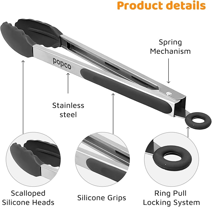 Popco 3-Piece Kitchen Tongs Set – Stainless Steel Heat Resistant Silicone Tips, Strong Comfort Grip, 3 Sizes (7, 9, 12 Inch), Non-Scratch, Dishwasher Safe, For Cooking, BBQ, Salad - Image 7
