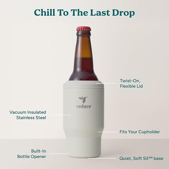 Reduce 4-in-1 Drink Cooler - Versatile Can & Bottle Holder with Vacuum Insulation - Keeps Drinks Cold Up to 4 Hours - Includes Bottle Opener - Fits Cupholders & Dishwasher Safe - 14oz - Unbleached