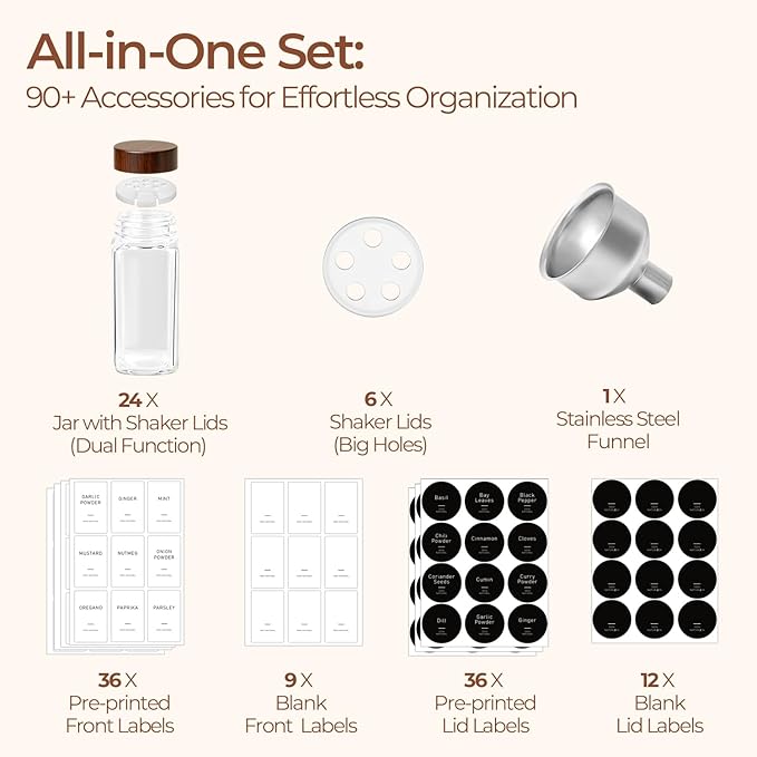ComSaf 24Pcs (4Oz) Glass Spice Jars with Label, Airtight Seasoning Containers with Lid for Home Cooks to Organizing Herbs, Sugar, Pepper, Salt, Glass Spice Bottles Organize Cabinet & Drawer - Image 7
