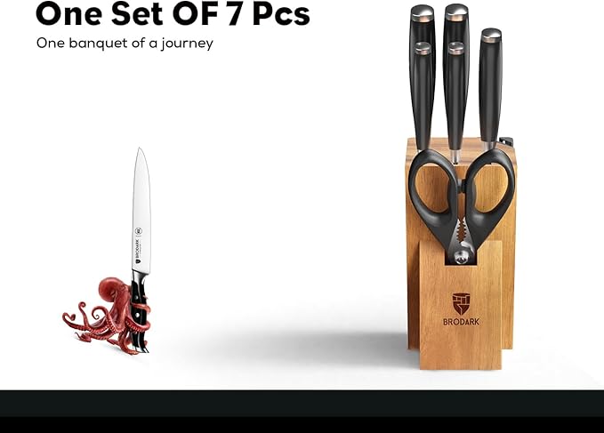 BRODARK Knife Set: 7 Piece Ultra Sharp Kitchen Knife Set Without Steak Knives, Knives Set for Kitchen with High Carbon Super Steel & Ergonomic Handle, Acacia Wood Block with Scissors and Sharpener - Image 7