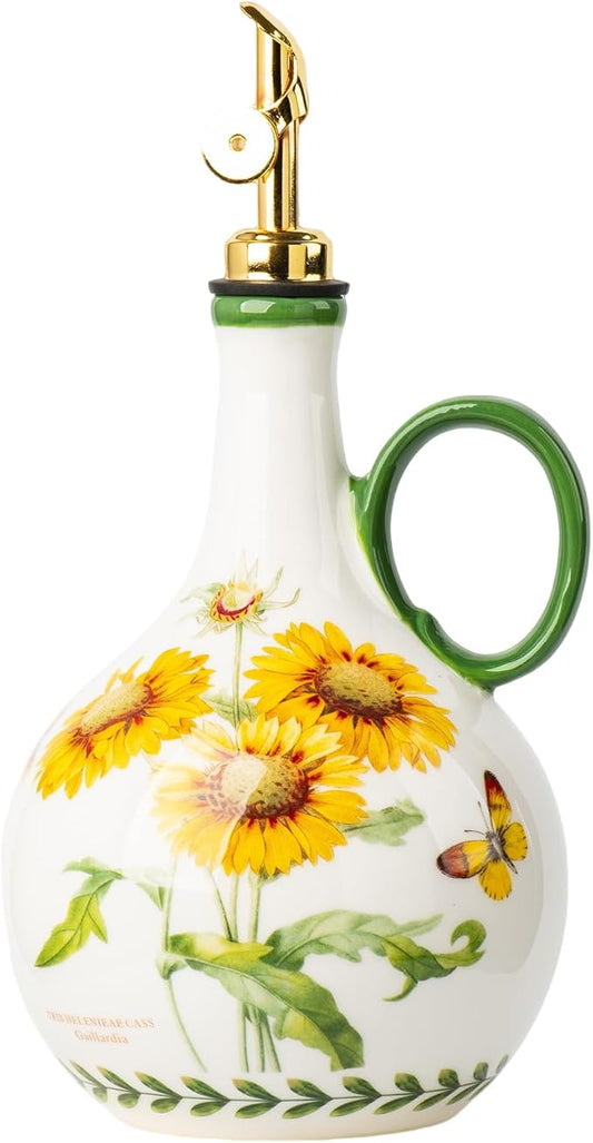 Ceramic Olive Oil Dispenser, 27 oz Floral Pattern Cruet with Auto-Close Spout, 9.45" Tall, Decorative Oil and Vinegar Bottle (sunflower)
