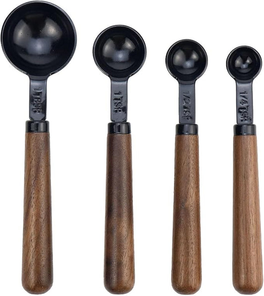 Set of 4 Measuring Spoons Black Measuring Scoops with Wooden Handle Stainless Steel Measuring Spoons Set for Kitchen Flour Spice Seasoning Measurement (15ml+5ml+2.5ml+1.25ml) by Mewutal