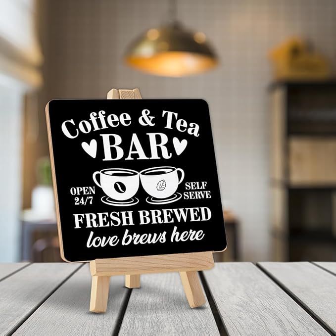 Coffee Tea Bar Decor, Coffee and Tea Bar Wood Sign with Easel Home Kitchen Desk Shelf Table Tiered Tray Decorations - Image 4