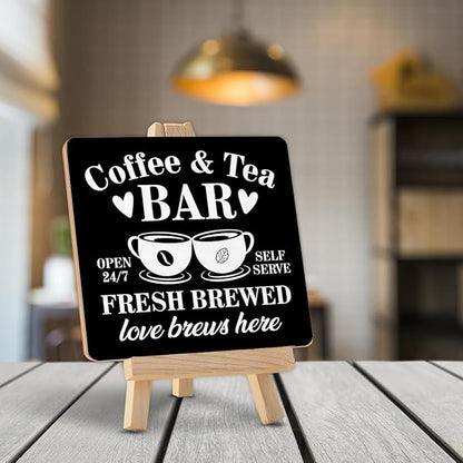 Coffee Tea Bar Decor, Coffee and Tea Bar Wood Sign with Easel Home Kitchen Desk Shelf Table Tiered Tray Decorations - Image 4