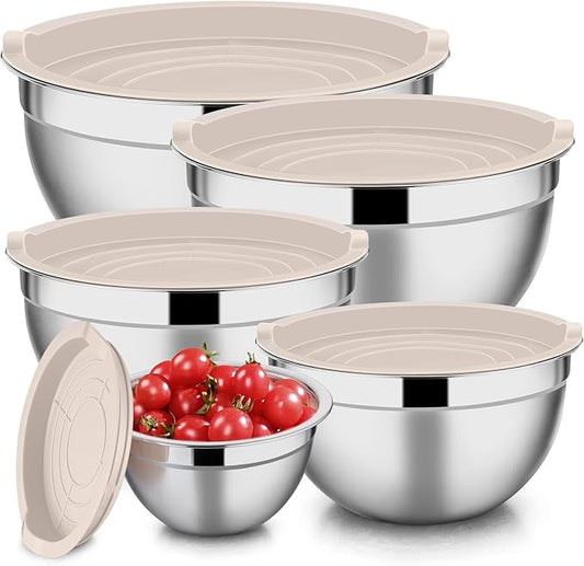 E-far Stainless Steel Mixing Bowls with Lids, 5-Pack Metal Nesting Bowls with Airtight Covers for Cooking, Baking, Serving, Storage, Non-toxic & Dishwasher Safe, Size 4.6/3/1.5/1/0.7QT - Khaki by E-far