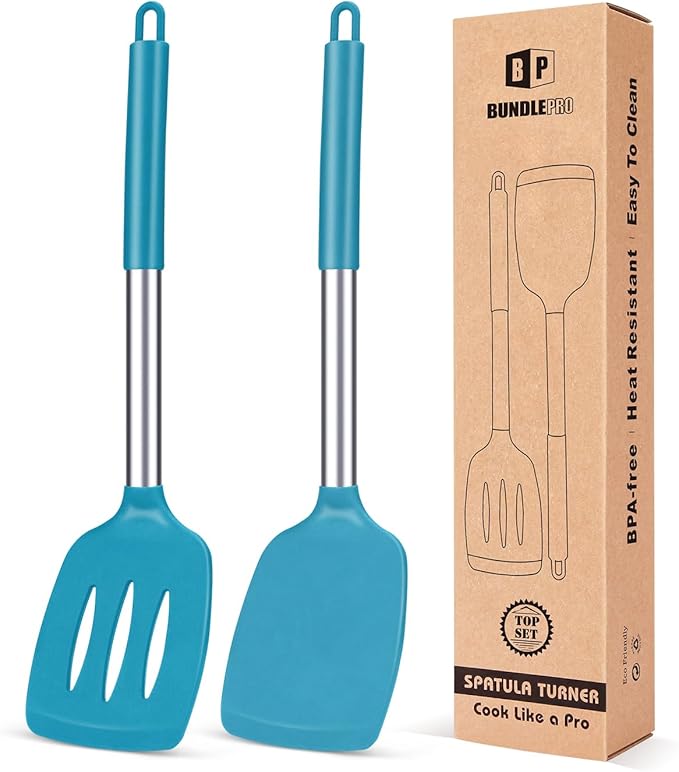 Pack of 2 Silicone Solid Turner, Non Stick Slotted Kitchen Spatulas, High Heat Resistant BPA Free Cooking Utensils, Ideal Cookware for Fish, Eggs, Pancakes(Blue) by BUNDLEPRO