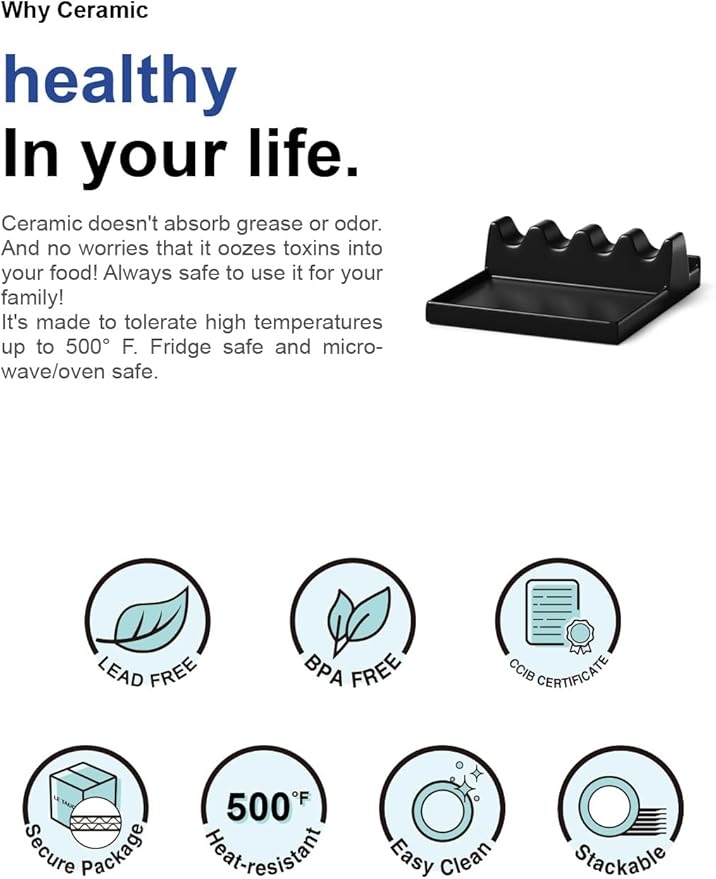 LE TAUCI Ceramic Spoon Rest for Stove Top, 5.3inch Pot Lid Holder for Kitchen Counter, Modern Utensil Rest with Drip Pad for Spoons, Ladles, Spatulas, Heat Resistant & Dishwasher Safe, Black