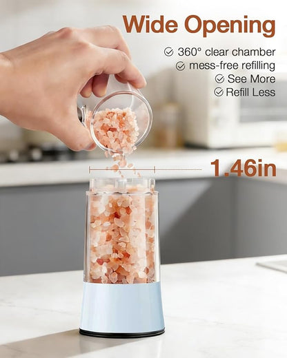 Gravity Electric Salt and Pepper Grinder Set 2-Pack - USB-C Rechargeable Base, Auto LED Light for BBQ/Camping, Adjustable Coarseness & Large Capacity - Stainless Steel (Morning Haze)