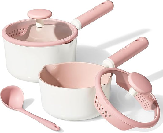 CAROTE 2.5QT & 3.0QT Sauce Pan Sets with Lid & Ladle Ceramic Nonstick Pot Set Non Toxic Saucepan with Stay-cool Handle Small Kitchen Cooking Pots, Easy to Clean, Induction Comptable, PFOA FREE by CAROTE