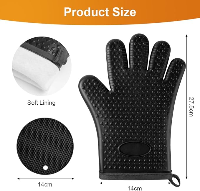 AUAUY Oven Mitts with 2 Pot Holders, Silicone Oven Gloves Heat Resistant 464°F, BBQ Gloves with Fingers, Non-Slip Oven Gloves, Cooking Gloves for Grilling Kitchen Baking Oven Microwave, Black - Image 2