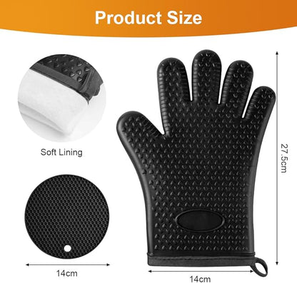 AUAUY Oven Mitts with 2 Pot Holders, Silicone Oven Gloves Heat Resistant 464°F, BBQ Gloves with Fingers, Non-Slip Oven Gloves, Cooking Gloves for Grilling Kitchen Baking Oven Microwave, Black - Image 2