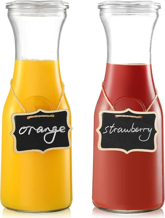 Set of 2 Glass Carafe with Lids, 1 Liter Water Pitcher Carafe for Mimosa Bar, Brunch, Cold Water, Beverage, Wine, Iced Tea, Lemonade - 2 Wooden Chalkboard Tags Included by NETANY