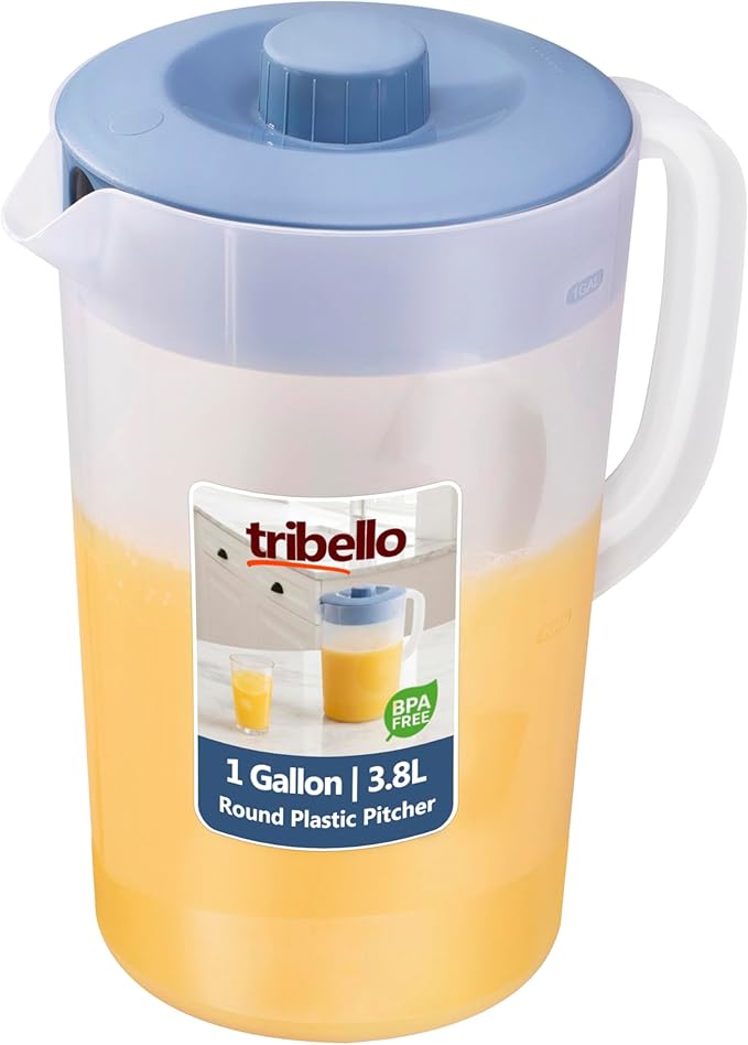 Tribello 1 Gallon Pitcher with Lid, Clear Plastic Water Pitcher with 3-Way Lid, Freezer/Dishwasher Safe, and BPA Free (1 Gallon) by Tribello