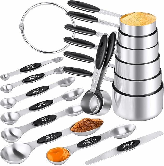 Measuring Cups & Spoons Set of 16, BOBIPRO Stainless Steel 8 Nesting Measure Cups Set & 7 double-sided Magnetic Measuring Spoons Set & 1 Leveler for Dry and Liquid Ingredient by BOBIPRO