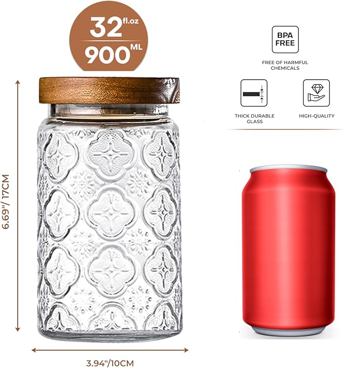 Adodeen 3-Pack 32oz Glass Jar With Airtight Lid,Kitchen Canisters For Countertop,Coffee Sugar Container Set,Pantry Glass Storage Containers For Flour,Candy,Loose Tea,Snack jar - Image 2