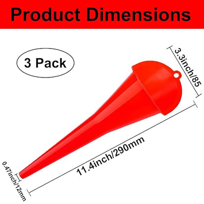 3-Pack Long-Neck Oil Funnels, 11" Multi-Purpose Funnels for Automotive & Motorcycle Use – Reusable Funnel for Oil, Gas & Transmission Fluid (Red)