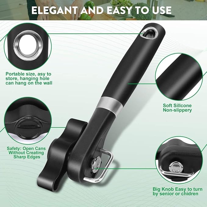 Can Opener Smooth Edge & Bottle Opener, Manual Side Safe Cut Can Opener Smooth Edge with Durable Sharp Blade, Effort-Saving Knob & Comfortable Non-slip Handle, (2-Pack, Black) - Image 3