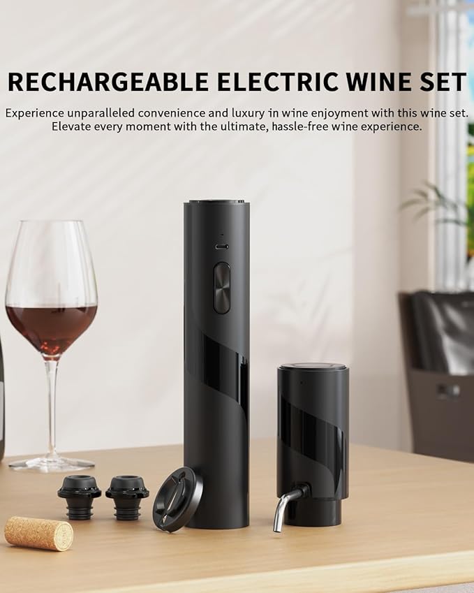 CIRCLE JOY Electric Wine Bottle Opener Set Rechargeable 7-in-1 Wine Set with Foil Cutter, Electric Wine Opener, Electric 2in-1 Wine Aerator & Pourer, Electric Vacuum Pump and 2 Wine Stoppers, Black - Image 2