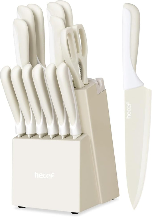 hecef 15 Pieces Kitchen Knife Set with Built-in Sharpening Wooden Block, Dishwasher Safe, High Carbon Stainless Steel Knife Block Set with Steak Knives, Kitchen Scissors, Cream White