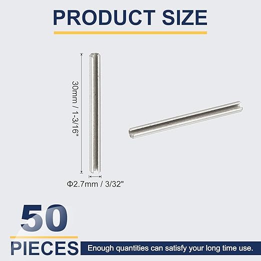 PATIKIL Slotted Spring Pin, 50 Pcs 3/32" x 1-3/16" (2.7mm x 30mm) 304 Stainless Steel Split Roll Pins Spring Dowel for Home Improvement Automotive Machine Repair, Silver