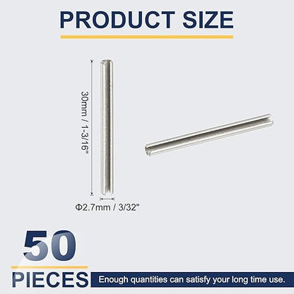 PATIKIL Slotted Spring Pin, 50 Pcs 3/32" x 1-3/16" (2.7mm x 30mm) 304 Stainless Steel Split Roll Pins Spring Dowel for Home Improvement Automotive Machine Repair, Silver
