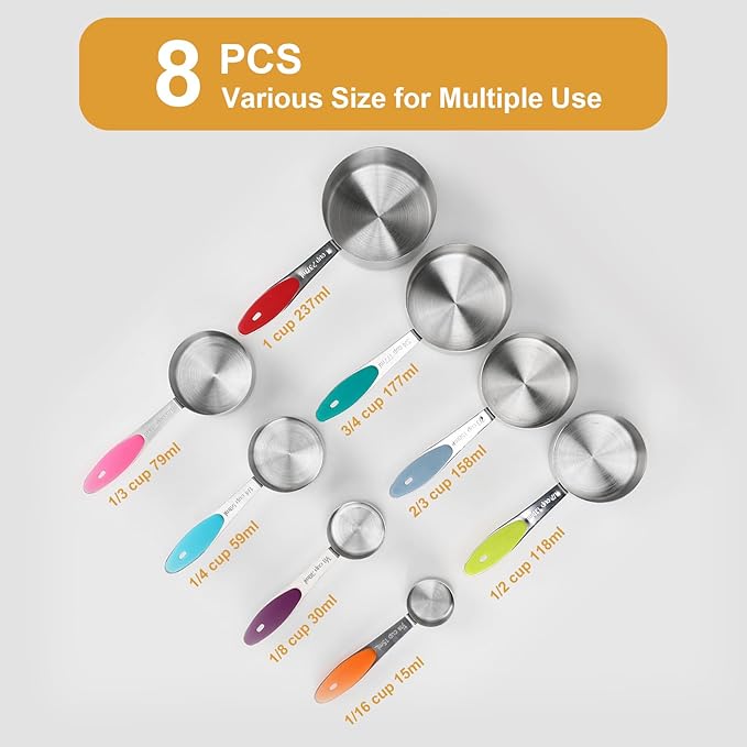 Stainless steel measuring cup set, consisting of 8 cups, suitable for cooking and baking. - Image 2