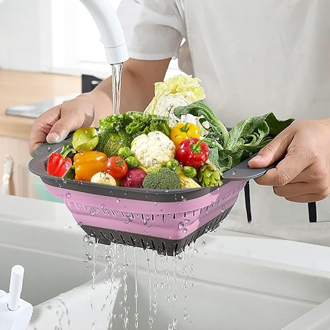 Collapsible Colander Set, Square Round Triangles Silicone Kitchen Strainer Perfect for Draining Pasta Vegetable fruit 2 PCS (10.8"L x 8.6"W x 2"H, Red & Green) - Image 4