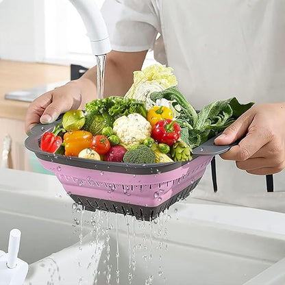 Collapsible Colander Set, Square Round Triangles Silicone Kitchen Strainer Perfect for Draining Pasta Vegetable fruit 2 PCS (10.8"L x 8.6"W x 2"H, Red & Green) - Image 4