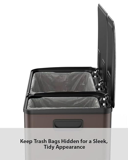 Lovewind Double Trash Can Kitchen, 13+5.5 Gallon Stainless Steel Dual Trash and Recycle Bin Combo with Silent Close Lid, Heavy-Duty Foot Pedal, Easy to Clean Garbage Can for Large Families, Brown