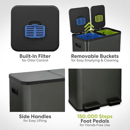 SIMPLI-Magic 18.5 Gallon (70L) Dual Compartment Kitchen Trash Can - Hands-Free Step Pedal, Soft-Close Lid, Stainless Steel Recycling Bin with Odor Filter (40L + 30L), Black - Image 6