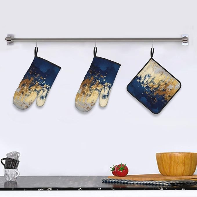 Blue and Gold Watercolor Abstract Oven Mitts and Pot Holder Sets of 3, Non-Slip Heat Resistant Decor Navy Kitchen Gloves with Hanging Loop for Cooking Baking Grilling, Kitchen Gifts for Cooking Lover - Image 2