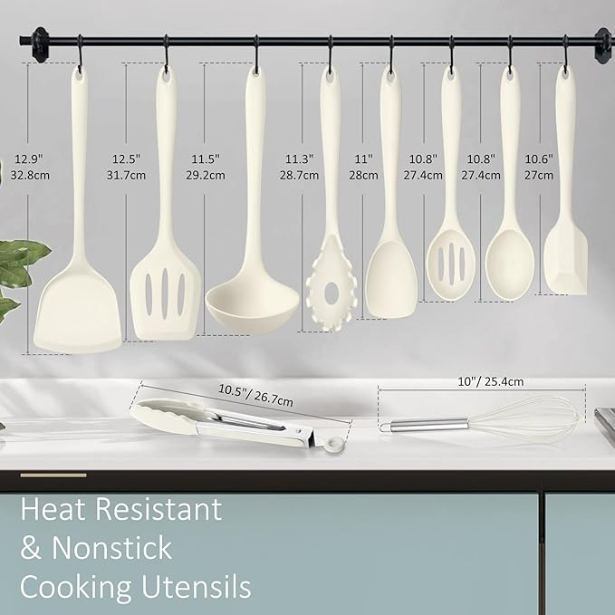 10 Pack Kitchen Utensils Set for Cooking, Leonyo Silicone Cooking Utensils Set, 446°F Heat Resistant Silicone Kitchen Tool with Turner Spatula, Serving Spoon, Whisk for Nonstick Cookware - White