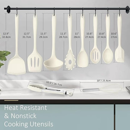 10 Pack Kitchen Utensils Set for Cooking, Leonyo Silicone Cooking Utensils Set, 446°F Heat Resistant Silicone Kitchen Tool with Turner Spatula, Serving Spoon, Whisk for Nonstick Cookware - White