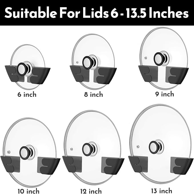 Niceyos Universal Adjustable Pot Lid Organizer for Cabinet - Upgraded Patented Set of 8 Pan Lids Organizers Inside Cabinet Door Wall Mount Pots Top Holder for Kitchen Cupboard, Fits 6" to 14" (Black) - Image 2