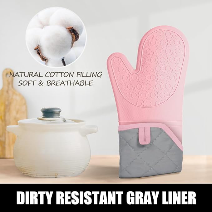 Rorecay 6pcs Oven Mitts and Pot Holders Sets for Kitchen, Extra Long Non-Slip Silicone Oven Gloves Heat Resistant 500 Degrees Potholders Hot Pads for Baking Cooking, Quilted Liner, Pink - Image 6