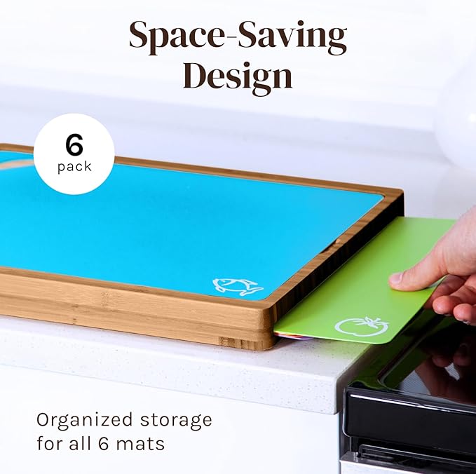 Cooler Kitchen Cutting Boards for Kitchen – Checkered Bamboo Cutting Board Set with 6 Color-Coded Flexible Chopping Mats, Easy Clean Wood and Dishwasher-Safe Plastic, Large 17×12, Knife-Friendly - Image 4