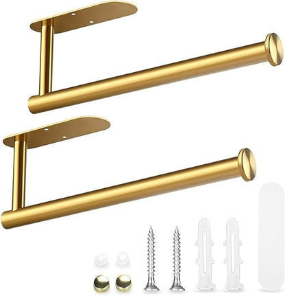 2PCS Fliverly Self Adhesive Paper Towel Holder Under Cabinet Mount, Wall Mounted Paper Towel Roll Holder for Kitchen, Bathroom, Wall,BBQ Grill, Gold
