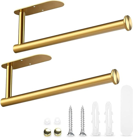 2PCS Fliverly Self Adhesive Paper Towel Holder Under Cabinet Mount, Wall Mounted Paper Towel Roll Holder for Kitchen, Bathroom, Wall,BBQ Grill, Gold
