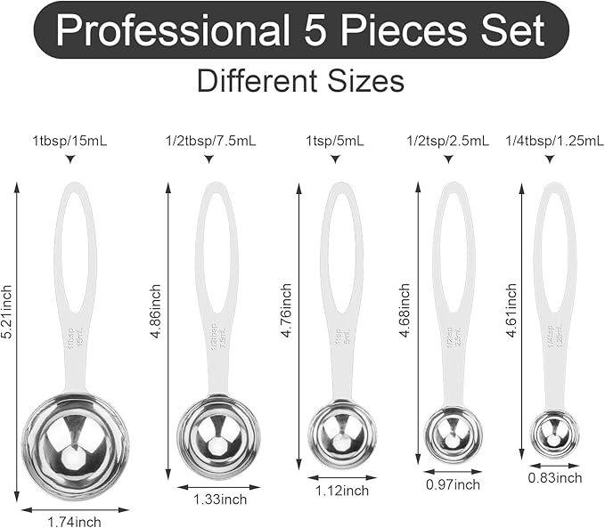 5pcs Measuring Spoon Set, Heavy Duty Stainless Steel Measuring Cups for Cooking Baking, Tablespoon Teaspoon for Dry or Liquid Ingredients, Fits in Spice Jar, 1/4 1/2 1 tsp, 1/2 1 tbsp - Image 2