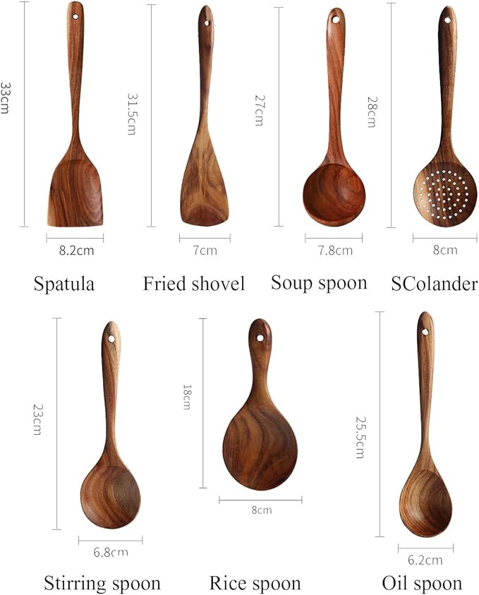 Messon Wooden Spoons for Cooking, 7Pcs Handmade Natural Teak Cooking Spoons Wooden Spatula for Non Stick Cookware (7 sets) - Image 2